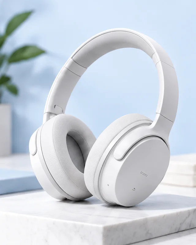 White over-ear headphones on a pale stone display