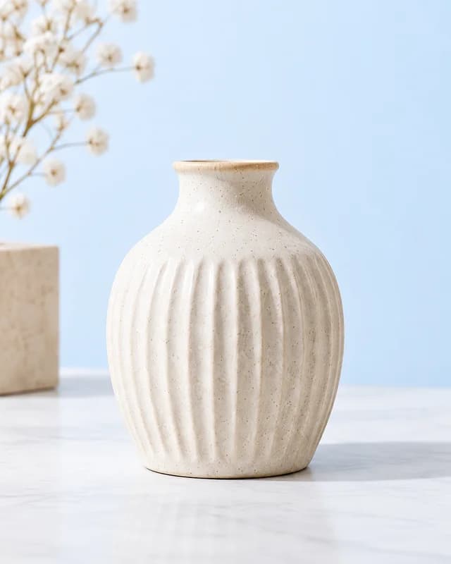 Ivory fluted ceramic vase against a pale blue background