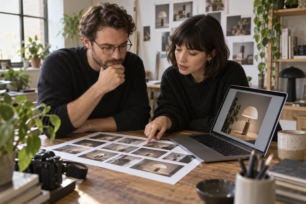 Two creatives reviewing a storyboard and product imagery
