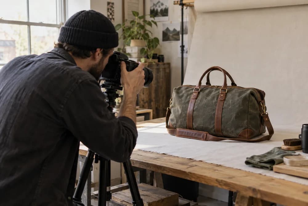 Seller photographing a travel bag in a small studio