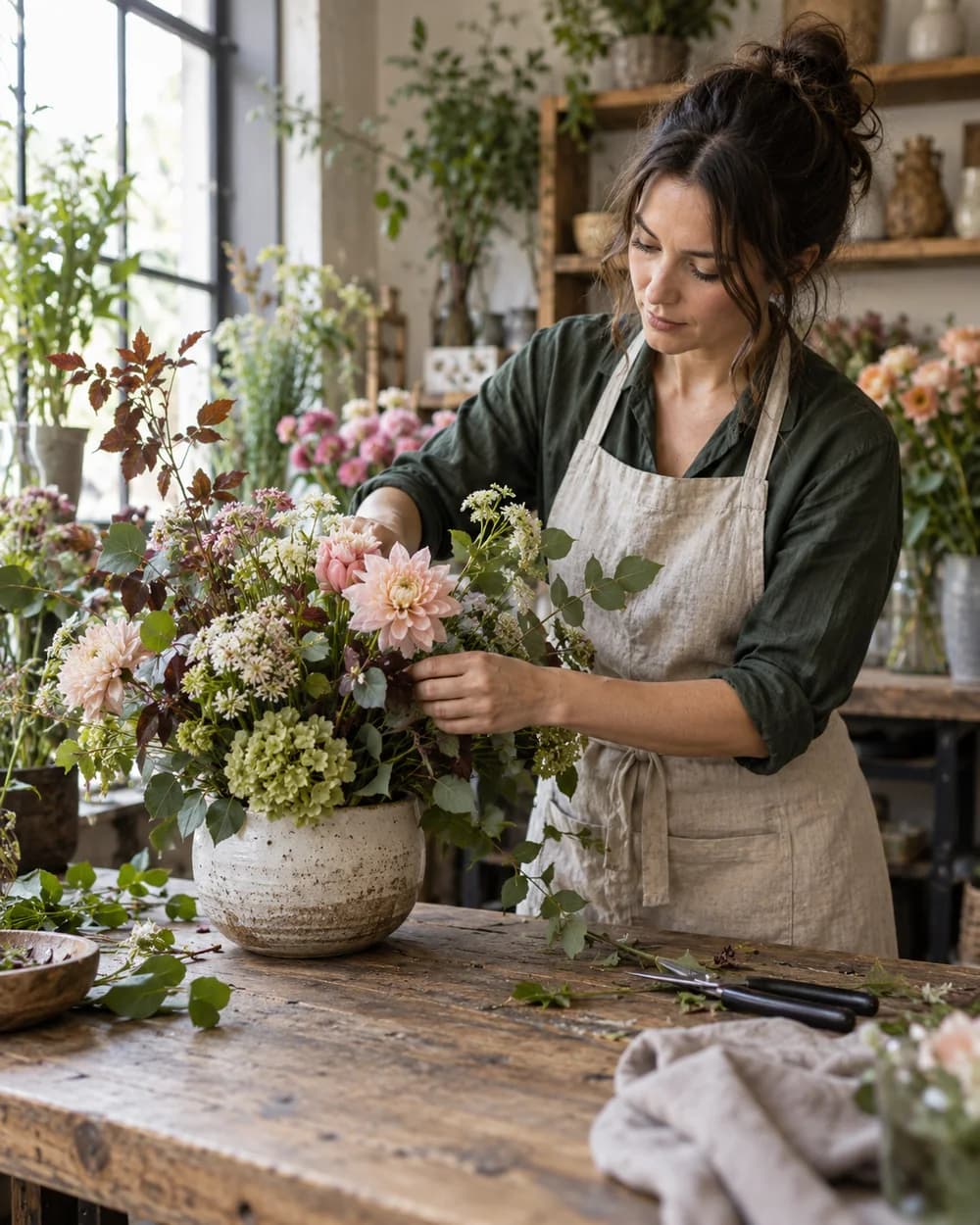 Florist arranging a bouquet in an independent flower shop
