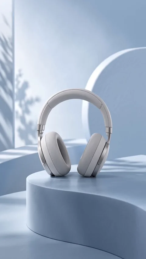 White over-ear headphones on a pale blue sculptural pedestal