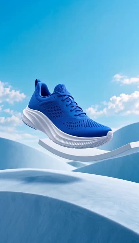 Blue running shoe suspended above a softly lit blue studio surface
